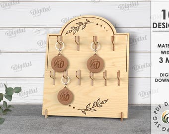 3D Keychain holder stand, decorative key ring display laser cut, wooden jewelry organizer, floral svg, boho, jewelry standing display