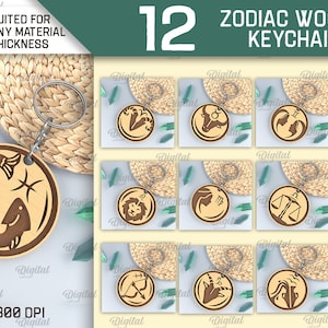 Zestaw drewnianych breloków zodiaku, okrągły brelok, brelok z wycinanym laserowo znakiem zodiaku, astrologia SVG, horoskop SVG, spersonalizowany grawerowany brelok