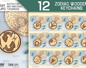 Paquete de llaveros del zodiaco de madera, llavero redondo Llavero cortado con láser con signo de estrella, Astrología SVG, Horóscopo SVG, llavero grabado personalizado