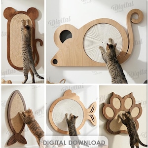 May include: A collection of ten cat scratching posts in various shapes, including a mouse, heart, and paw print. Each post features a sisal scratching surface and is shown with a cat using it. The image includes the text "10 DESIGNS" and "DIGITAL DOWNLOAD".
