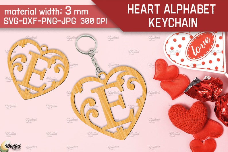 May include: A wooden heart-shaped keychain with a decorative letter E cut out. The keychain is 3 mm thick and comes in SVG, DXF, PNG, and JPG formats at 300 DPI. The image also shows a red and white polka dot heart with the word "love" on it, and several red hearts.