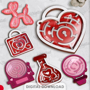 Puede incluir: Una colección de diez diseños cortados con láser, incluyendo laberintos en forma de corazón, un animal de globo y un candado. Los diseños son en rojo, rosa y marrón, con acentos blancos. El texto "DIGITAL DOWNLOAD" es visible.