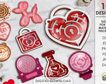 3D Valentine's day maze toys bundle, kids maze puzzle laser cut, layered labyrinth game svg, anniversary gift, heart, hot air balloon