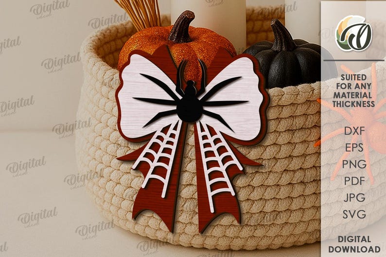 K&ouml;nnte beinhalten: Dekorative Holz-Spinnen-Bogen mit einem schwarzen Spinnen- und Netz-Design. Der Bogen hat ein wei&szlig;es und rotes Farbschema, ideal f&uuml;r Halloween-Dekorationen. Der Bogen ist vor einem geflochtenen Korb mit K&uuml;rbissen platziert.