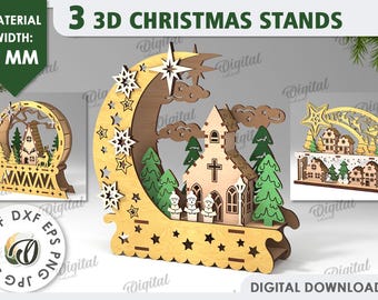 3D Weihnachtsstände Bündel, Weihnachtsstehendes Dekor Laser geschnitten, hölzerner Weihnachtsregalsitzer svg, Weihnachtsszene svg, Weihnachtsdorf Nachtlicht