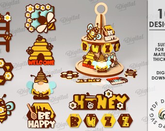 3D Honey with Bee laser cut bundle, bee layered wall decor laser cut, bee quotes svg, funny bee wall hanger svg, honey home decor svg