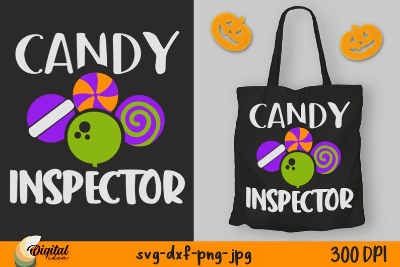 Op de afbeelding: Een zwarte tote bag met de tekst "Candy Inspector" in wit. De tas heeft een ontwerp van kleurrijk snoep, waaronder een paars en wit gestreept snoepje, een groen snoepje met drie stippen en een paars en oranje swirl snoepje. De tas is 300 DPI.