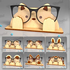 Puede incluir: Diez diseños digitales para cortar con láser un soporte para gafas. Los diseños presentan varias caras de animales, incluyendo un mapache, un gato, un conejito, un zorro y un erizo. El ancho del material es de 3 mm. Los diseños están disponibles para descargar en los formatos SVG, PDF, DXF, EPS y PNG.