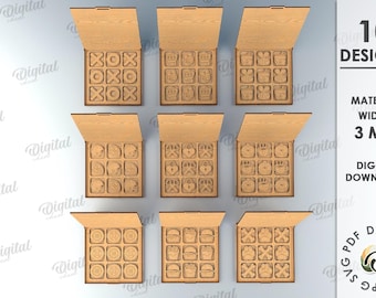 Paquete SVG de tres en raya cortado con láser, sets 3D de tres en raya, caja y elementos de tres en raya, juego de mesa, dinosaurio, San Valentín, abeja, fútbol, Navidad