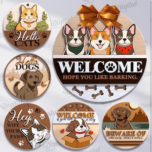 Könnte beinhalten: Eine Sammlung von zehn runden Holzschildern mit Tiermotiven. Die Schilder zeigen Katzen und Hunde mit Sätzen wie "Hello Cats", "Welcome" und "Beware of Owner". Die Schilder eignen sich für verschiedene Materialien und sind als digitaler Download erhältlich.