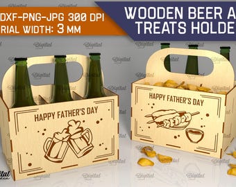3D houten houder voor bier en lekkernijen, Happy Father's Day svg, bier- en snackhouder lasergesneden, houten draagbare bierfles en snackdoos