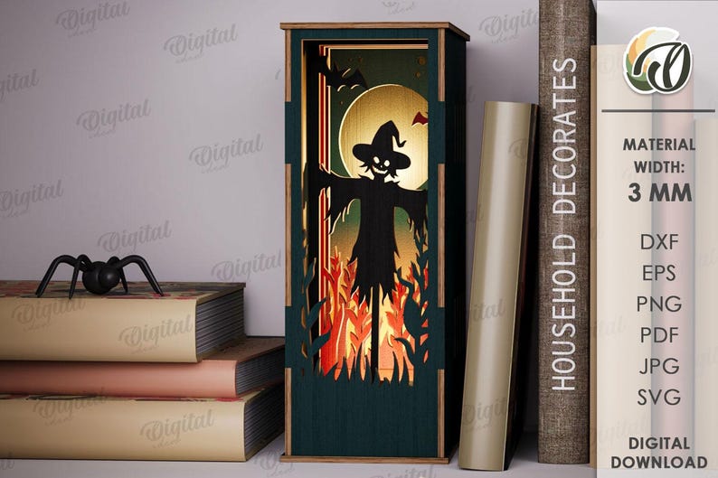 May include: A dark green wooden Halloween-themed lantern with a silhouette of a scarecrow, a full moon, and a bat. The lantern is 3 mm wide and has a digital download option.