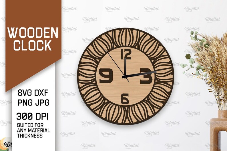 May include: A wooden clock with a brown wood grain finish and a black clock face with black hands. The clock face has a decorative design of overlapping circles around the clock numbers. The clock is 300 DPI and suitable for any material thickness.