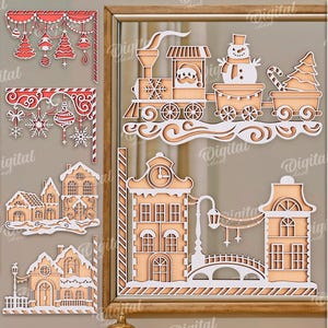 以下が含まれることがあります： 雪だるまの列車、家、装飾的なコーナー要素など、10種類のクリスマスをテーマにしたデザインのコレクション。あらゆる材料の厚さに適しており、デジタルダウンロードとして利用できます。