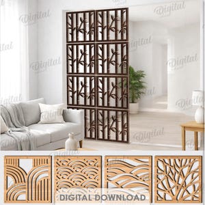 May include: A digital download showcasing 10 decorative panel designs. The designs include geometric and organic patterns, suitable for various material thicknesses. The image shows a room with a sofa and a decorative panel with a bamboo design.
