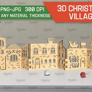 May include: A 3D Christmas village made of wood, with five buildings, a snowman, and a sleigh with Santa Claus. The buildings are detailed with windows, doors, and roofs. The village is designed for laser cutting and can be assembled into a festive display.