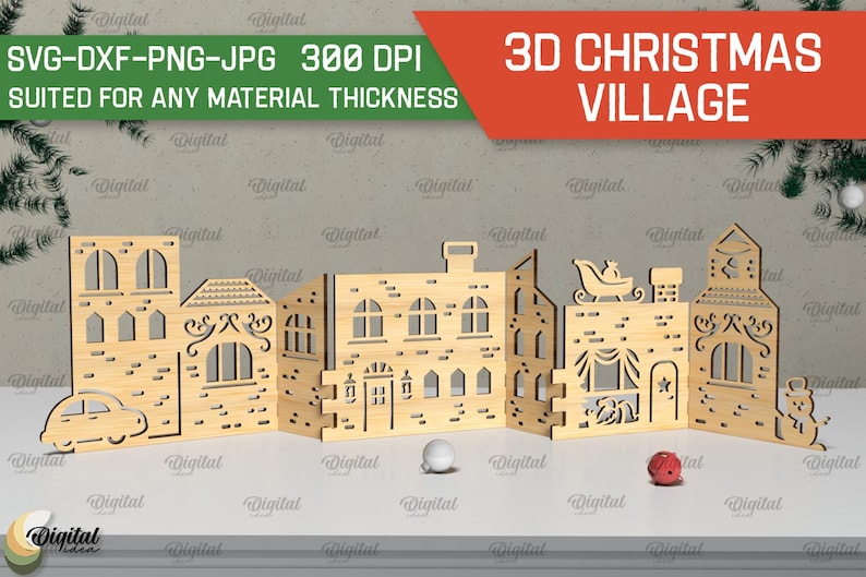 May include: A 3D Christmas village made of wood, with five buildings, a snowman, and a sleigh with Santa Claus. The buildings are detailed with windows, doors, and roofs. The village is designed for laser cutting and can be assembled into a festive display.