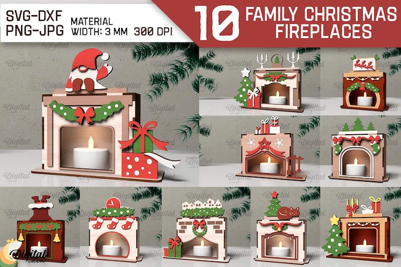 3D Christmas Fireplace Candle Holders Bundle, 3D Xmas Lantern Laser Cut
