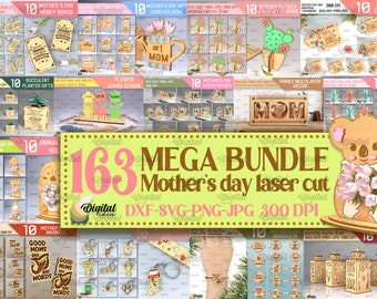 Muttertag Laser geschnitten Mega Bundle, 163 glückliche Muttertagsdeisgns, 3D Mom Laserschnitt SVG, Laterne aus Holz, Geschenkkartenhalter, Grußkartendesign