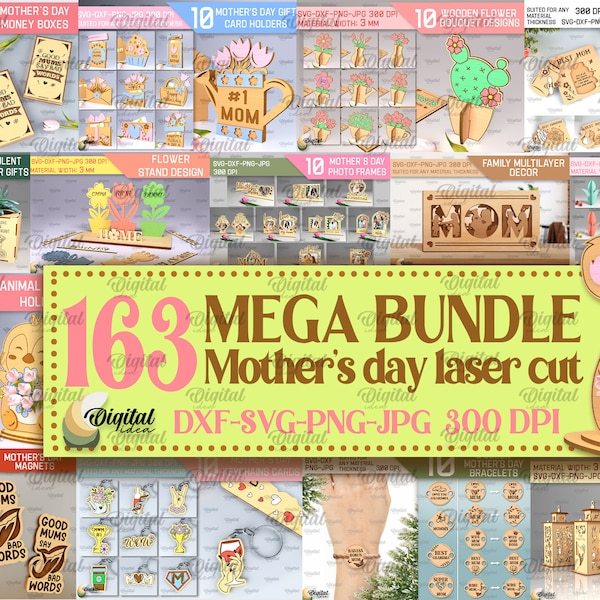 Mega Bundle découpé au laser pour la fête des mères, 163 décorations pour la fête des mères, 3D maman découpée au laser SVG, lanterne en bois, porte-cartes cadeau, carte de voeux svg