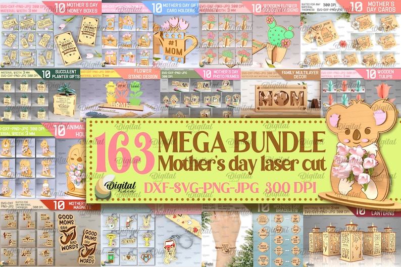 Mother's day Laser cut Mega Bundle, 163 Happy Mothers day deisgns, 3D Mom laser cut SVG, wooden lantern, gift card holder, greeting card svg zdjęcie 1