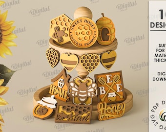 3D Bee tier tray decor bundle, honey bee sign laser cut, tiered tray set, wall sign svg, wooden home decor, bee quotes svg, garland