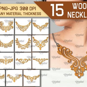 木製ネックレスバンドル、女性用ネックレスレーザーカット、木製ジュエリー SVG、木製ビブネックレス SVG、アールデコネックレス SVG、母の日ギフト SVG