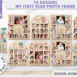 May include: Ten digital designs for a first year photo frame. Each design features a different theme with a variety of colors and illustrations. The designs include a dinosaur, a bird, a butterfly, a star, a heart, and a car. The designs are suitable for any material thickness.