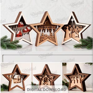 Può includere: Una collezione di ornamenti in legno a forma di stella a più strati con varie scene ritagliate, tra cui paesaggi invernali, presepi e case di villaggio. Il testo 10 DESIGNS SUITED FOR ANY MATERIAL THICKNESS DXF EPS PNG PDF JPG SVG è visibile.