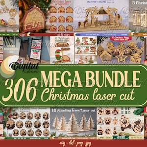 Christmas Laser cut Mega Bundle, 306 Christmas lasercut deisgn, 3D Xmas lasercut SVG, Candle holder, lantern, sign, stand, coaster glowforge