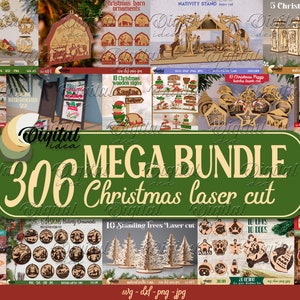 Christmas Laser cut Mega Bundle, 306 Christmas lasercut deisgn, 3D Xmas lasercut SVG, Candle holder, lantern, sign, stand, coaster glowforge