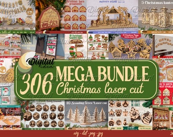 Mega bundle con taglio laser natalizio, 306 deisgn di taglio laser natalizio, taglio laser natalizio 3D SVG, portacandele, lanterna, insegna, supporto, sottobicchiere Glowforge