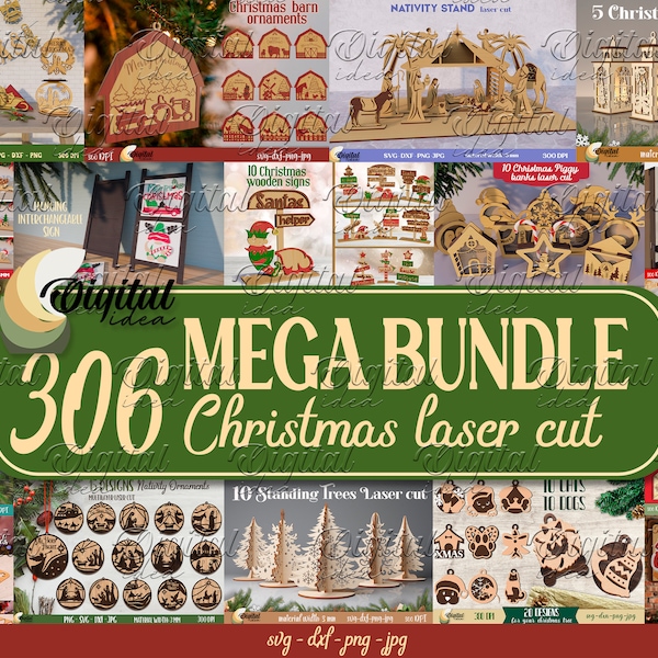 Weihnachten Laser cut Mega Bundle, 306 Weihnachten Lasercut Design, 3D Weihnachts Lasercut SVG, Kerzenhalter, Laterne, Schild, Ständer, Untersetzer, Glühlampe