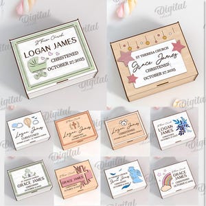 Könnte beinhalten: Eine Sammlung von zehn lasergeschnittenen Holzbox-Designs, die sich für Taufen eignen. Jede Box zeigt personalisierten Text mit Namen und Daten sowie dekorative Elemente wie Kinderwagen, Kreuz und Sterne. Die Materialbreite beträgt 3 mm.