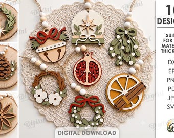 Christmas Minimal Ornaments Bundle,  Layered Ornament Laser Cut Files, Xmas Tree Hangers, Holiday Decor SVG,  Hanging Ornament, Wreath svg