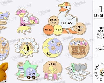 Geburtsanzeige Zeichen Bündel, Neugeborenen Diagramm Laserschnitt, Geburtsinformationen für neues Baby, metrische Geburtsplakette, Baby Foto Zeichen svg, niedliche Tiere svg