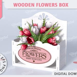 3D Boho-bloemen geschenkdoos, Moederdagcadeau lasergesneden, houten bloemenkrat, rustieke boekethouder met handvat, bloemenopslagmand svg