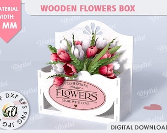 3D Boho flowers gift box, Mothers day gift laser cut, wooden flower crate, rustic bouquet holder with handle, flower storage basket svg