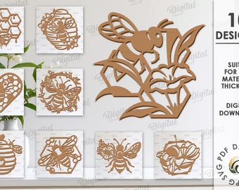 Bee wall decor bundle, wooden honey bee hanger laser cut, bee paper cut, hanging bees porch sign, floral bee wall art svg, honeycomb svg