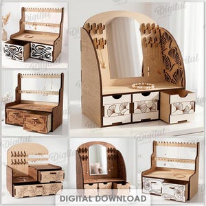 May include: A wooden jewelry organizer featuring a mirror, multiple hooks for necklaces, and three drawers with various laser-cut patterns. The set includes 10 designs with a material width of 3 mm, available in DXF, EPS, PNG, PDF, JPG, and SVG formats.