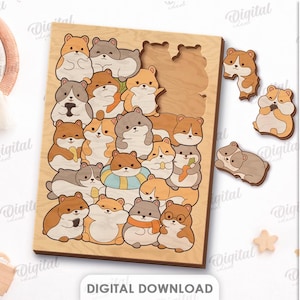 Puede incluir: Un tablero de rompecabezas de madera con m&uacute;ltiples ilustraciones de h&aacute;msteres de dibujos animados en varias poses, con varias piezas individuales en forma de h&aacute;mster separadas a la derecha. El texto dice SUITED FOR ANY MATERIAL THICKNESS, DXF, EPS, PNG, PDF, JPG, SVG.