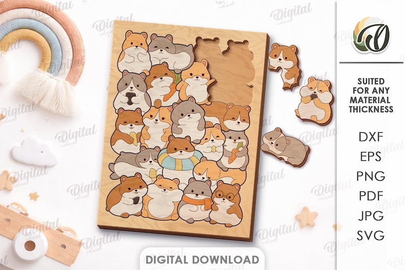 Puede incluir: Un tablero de rompecabezas de madera con m&uacute;ltiples ilustraciones de h&aacute;msteres de dibujos animados en varias poses, con varias piezas individuales en forma de h&aacute;mster separadas a la derecha. El texto dice SUITED FOR ANY MATERIAL THICKNESS, DXF, EPS, PNG, PDF, JPG, SVG.
