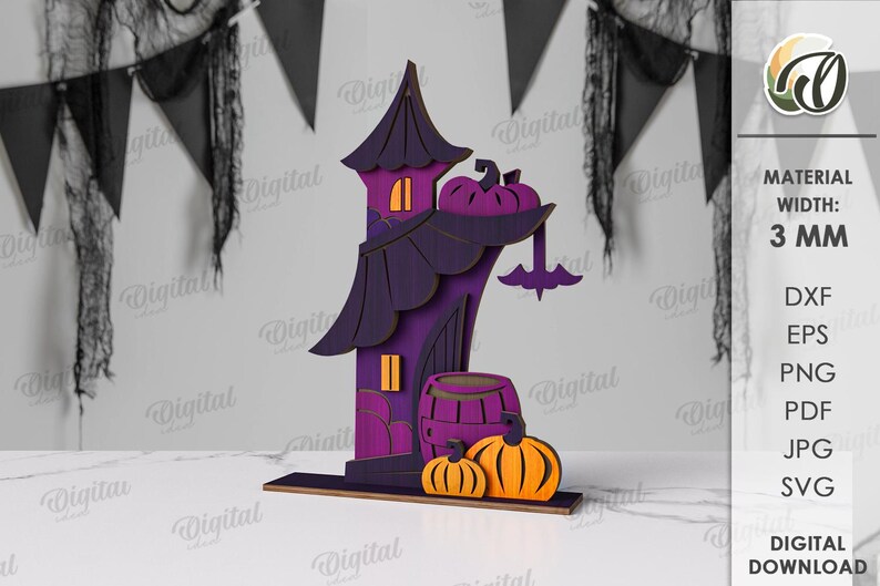 May include: A wooden Halloween decoration in purple and orange, featuring a haunted house design with a bat, pumpkins, and a barrel. The material width is 3 mm. Available in DXF, EPS, PNG, PDF, JPG, and SVG formats.