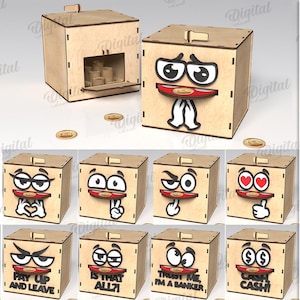 Pacote de caixas de cofrinho de moedas 3D, caixa de cofrinho engraçada cortada a laser, porta-dinheiro emoji svg, caixa de economia, caixa de dinheiro, caixa de dinheiro, corte a laser para crianças