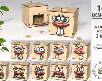 Paquete de huchas para monedas, hucha divertida cortada con láser, portamonedas con emojis en formato SVG, caja de ahorros, caja de efectivo, caja de dinero, hucha infantil cortada con láser