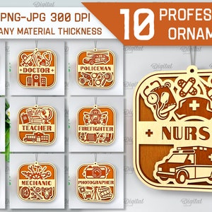 May include: Ten professional ornament designs featuring various professions, including a nurse, doctor, teacher, firefighter, and musician. Each design is a square with a brown background and white outlines. The nurse ornament features a stethoscope, bandages, a syringe, and an ambulance.