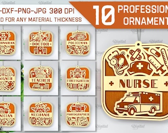 3D Professional ornaments bundle, profession sign laser cut, home decor lasercut, nurse sign svg, teacher svg, policeman svg, firefighter