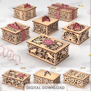 Paquete de cajas de regalo con cinta decorativa 3D, porta caramelos con lazo cortado con láser, almacenamiento de chocolate de madera, caja de golosinas, caja de joyería para anillos de boda, cumpleaños