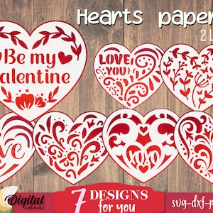 Lot de coeurs en papier pour la Saint-Valentin, papier découpé en couches 3D, coeurs avec motifs, amour svg, svg be my valentine, je t'aime, svg xoxo, svg coeur