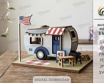 Arquivos de corte a laser para casa em 3D com tema do 4 de julho, modelo de trailer, decoração para casa, casinha fofa para o Dia da Independência, enfeite de prateleira em SVG, EUA, bandeira americana